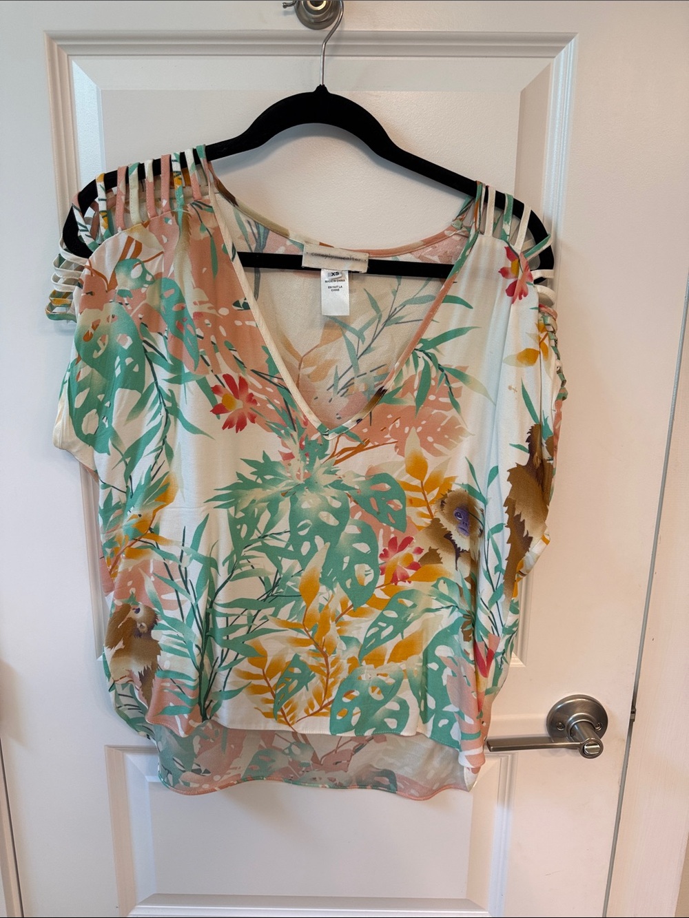 Corey Lynn Calter Cream Tropical V-Neck Blouse with Teal and Coral Accents